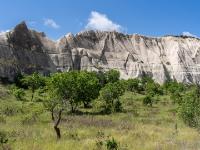Hohe Tuffwände umschließen ein Seitental  des Liebestals mit Bäumen